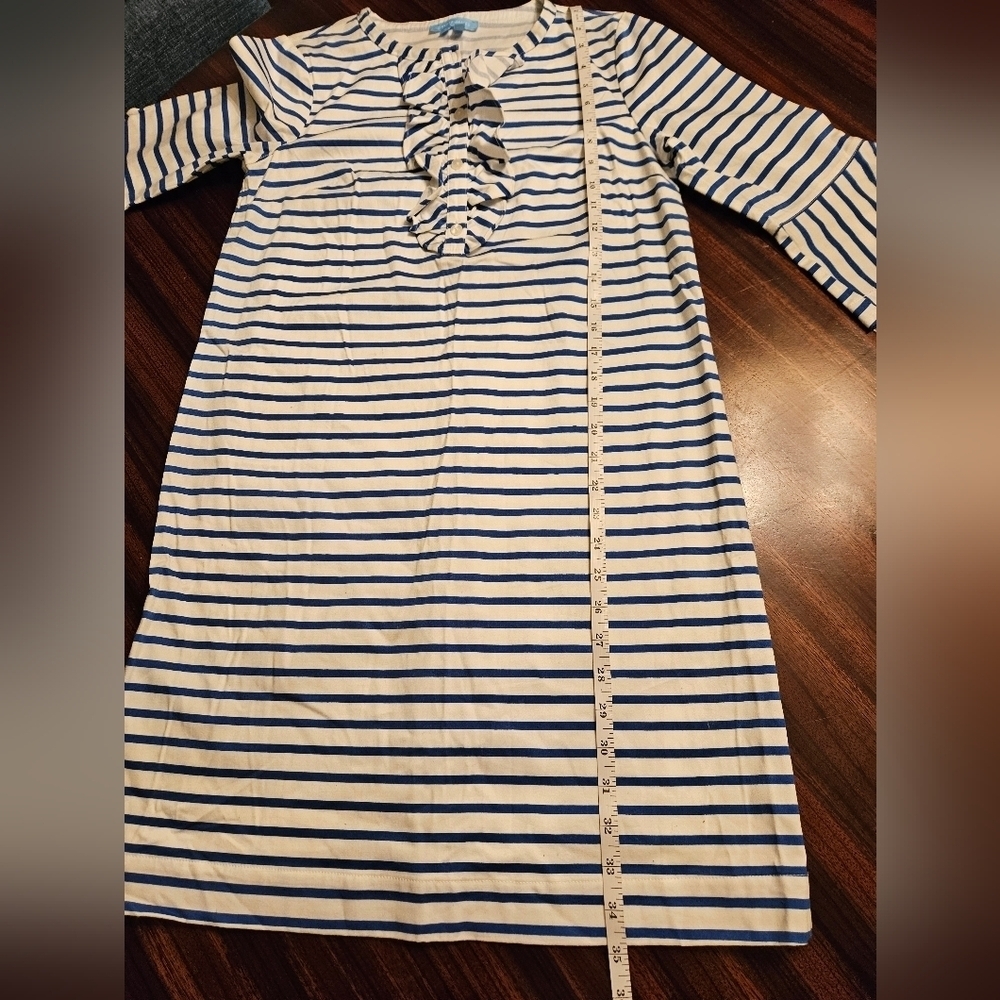 Draper James White Blue Striped Ruffle  3/4 Bell Sleeve Knee Length Dress SZ 2 - Picture 8 of 11